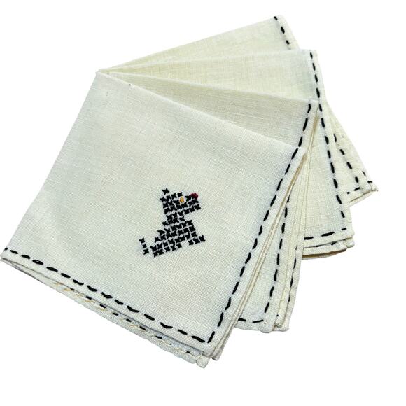 Cocktail napkins (4) YELLOW cotton hand embroidery black Scottish Terriers - Picture 9 of 10